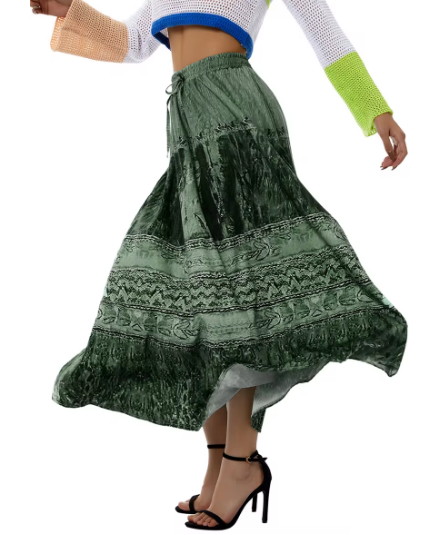 NEW Vintage Print Flowy Hem Long Skirts for Women High Elastic Band Tie-up Pleated A-Line Skirt, Sz L fits like a M