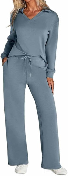 NEW Women's 2 Piece Sets Outfits Casual Long Sleeve Sweatsuits Sets, Wide Leg Pants Sets, Dusty Blue, Sz M