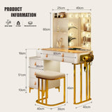 New Assembled Gold & White Glam Vanity/Desk Table with Bench! This has it all!! Charging station, tempered glass top to view jewelry tray below, Drawers, Shelves, Mirror, Lights, Makeup tray & More! Retails $530+