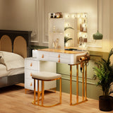 New Assembled Gold & White Glam Vanity/Desk Table with Bench! This has it all!! Charging station, tempered glass top to view jewelry tray below, Drawers, Shelves, Mirror, Lights, Makeup tray & More! Retails $530+