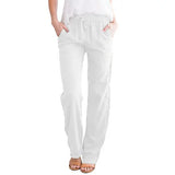 NEW Women's Linen Pants Casual Solid Drawstring Loose Elastic Waist Straight Pants Beach Pant Trousers with Pockets A1, White, Sz 2XL