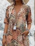 NEW Retails $70 Women's Short Sleeve Summer Leopard Lace Dress A-Line V Neck Daily Going Out Casual Knee Length Dress, Khaki, Sz XL