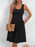 NEW Stylish Solid Color Crew Neck Tank Dress - Women's Casual Sleeveless Ruched Pockets Dress for Spring & Summer - Comfortable, Breathable, Easy to Wear, Black, Sz XL