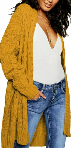 NEW Women's Long Hooded Open Front Cardigan, Mustard Yellow, One Size w/ Pockets