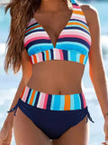 NEW Women's Striped Halter Neck Bikini Set, Polyester 82% Spandex 18% Knit Fabric, High Stretch Side Laced Bottom Swimwear, Sleeveless Lace-up Swimming Bathing Suit, Sz XL