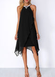 New Embellished Neck Asymmetric Hem Black Chiffon Dress Sz M! Nice stretch to fabric slip dress under chiffon, stunning elegant dress!