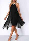 New Embellished Neck Asymmetric Hem Black Chiffon Dress Sz M! Nice stretch to fabric slip dress under chiffon, stunning elegant dress!
