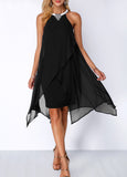 New Embellished Neck Asymmetric Hem Black Chiffon Dress Sz M! Nice stretch to fabric slip dress under chiffon, stunning elegant dress!