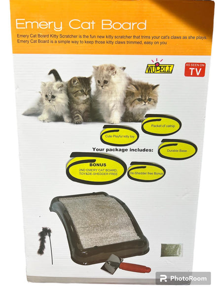 New in box! Emery Cat Board, includes 2 Emery Boards, de-shedder, toy & catnip! Box has damage but contents are perfect