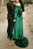 New Enchanting off-shoulder surplice green velvet dress with train Sz L! Belt Not included