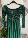 New Enchanting off-shoulder surplice green velvet dress with train Sz L! Belt Not included