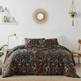 NEW Retails $236, 3 Piece Bohemian Wildflower Garden Black, Orange, Teal Floral Duvet Cover & Shams, King