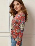 New Ethnic Floral Print T-Shirt, Casual Long Sleeve Top For Spring & Fall, Women's Clothing sz L