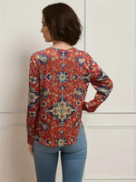 New Ethnic Floral Print T-Shirt, Casual Long Sleeve Top For Spring & Fall, Women's Clothing sz L