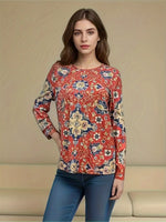 New Ethnic Floral Print T-Shirt, Casual Long Sleeve Top For Spring & Fall, Women's Clothing sz L