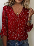 NEW All Over Print V Neck T-Shirt, Casual Three-quarter Sleeve Top For Spring & Fall, Women's Clothing - Size L - Retails $54