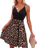 NEW VOTEPRETTY Women's Leopard Print Casual Sundress V Neck Spaghetti Strap Beach Dress with Pockets Sz M