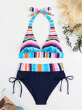 NEW Women's Striped Halter Neck Bikini Set, Polyester 82% Spandex 18% Knit Fabric, High Stretch Side Laced Bottom Swimwear, Sleeveless Lace-up Swimming Bathing Suit, Sz XL