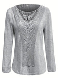 NEW Contrast Lace Crew Neck T-shirt, Casual Long Sleeve Top For Spring & Fall, Women's Clothing, Tag Says 5X, Fits 1X-3X, Dark Grey