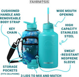 New Retail $60+ Monster Size FAHRMOSIS 64OZ Insulated Water Bottle with Strap Stainless Steel Sports Water Bottle with 3 Lids (Straw, Chug and Flip Lid) Half Gallon Water Jug - Teal (Print)