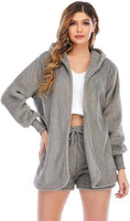 New Famnbro Womens Sexy Fuzzy 3 Piece Outfits Fleece Warm Hooded Cardigan Crop Top Shorts Set Loungewear Grey Sz XL! Retails $87+