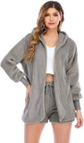 New Famnbro Womens Sexy Fuzzy 3 Piece Outfits Fleece Warm Hooded Cardigan Crop Top Shorts Set Loungewear Grey Sz XL! Retails $87+