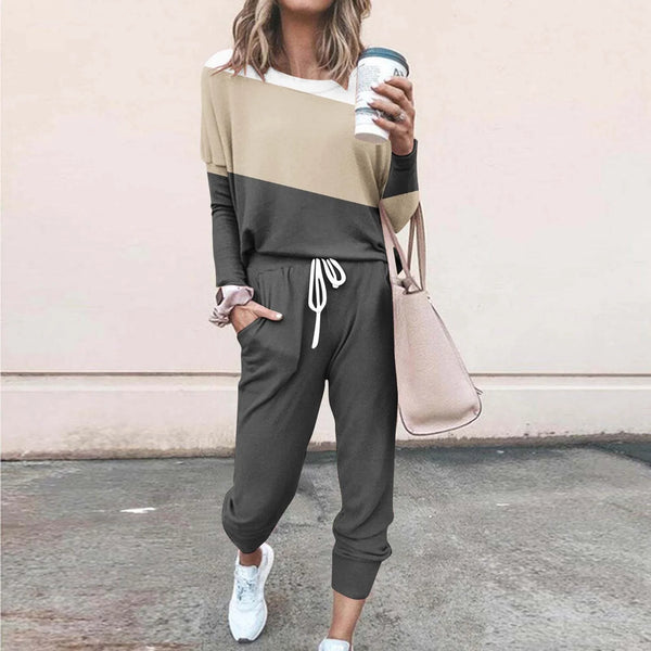 New Sz Large FAVIPT 2 Piece Color Block Outfits for Women Crewneck Long Sleeve Tops Long Pants Lounge Sets with Drawstring Tracksuit Jogger Sets Khaki