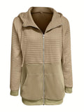 NEW Waffle Grid Zip-up Drawstring Hoodie, Casual Long Sleeve Slant Pockets Hoodie Jacket, Women's Clothing, Sz XL