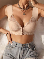 NEW Contrast Lace Push Up Bra, Elegant Front Buckle Wide Straps Bra, Beige, Women's Lingerie & Underwear - Sz 5XL