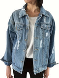 NEW Ripped Distressed Light Wash Blue Casual Denim Jacket, Women's, Sz L, Retails $69
