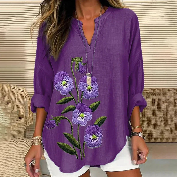 NEW Women's Purple Flower V Neck Shirt, Sz M