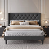 New in box! Retails $495+ Feonase Platform Bed Frame with Upholstered Headboard and Wingback, Button Tufted Dark Grey Queen