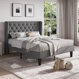 New in box! Retails $495+ Feonase Platform Bed Frame with Upholstered Headboard and Wingback, Button Tufted Dark Grey Queen