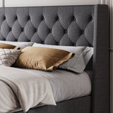 New in box! Retails $495+ Feonase Platform Bed Frame with Upholstered Headboard and Wingback, Button Tufted Dark Grey Queen