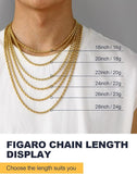 New U7 20 inch Figaro cuban chain gold 3mm Necklace, Men's Stainless Steel 18K gold plated
