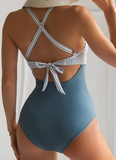 NEW Retails $78, Eomenie Women's One Piece Swimsuits Tummy Control Cutout High Waisted Bathing Suit Wrap Tie Back 1 Piece Swimsuit Blue Striped, Sz S