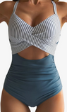 NEW Retails $78, Eomenie Women's One Piece Swimsuits Tummy Control Cutout High Waisted Bathing Suit Wrap Tie Back 1 Piece Swimsuit Blue Striped, Sz S