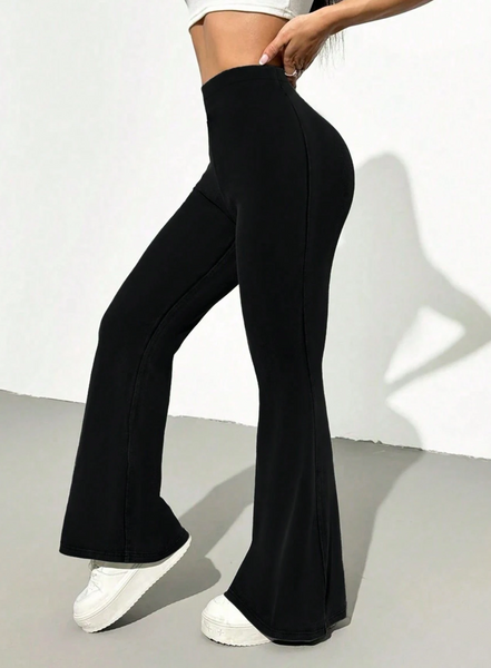 New Women's High Waist Solid Color Flared Sports Yoga Pants Compression Tights Running Workout Bottoms Black, Fit Sz M/L