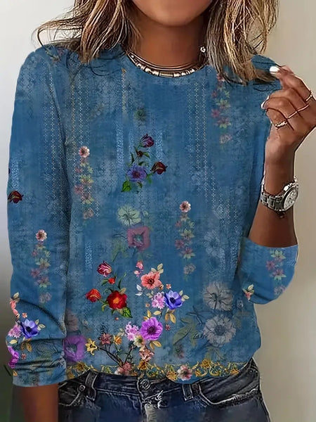 New Women's Floral Print Long Sleeve Round Neck Top in Blue Sz XL, Fits like a Large!