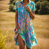 NEW Women Floral V-Neck Short Sleeve Midi Dress Summer Bohemian Floral Henley Collar V Neck High Waist A-Line Flowy Dress Sz S