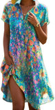 NEW Women Floral V-Neck Short Sleeve Midi Dress Summer Bohemian Floral Henley Collar V Neck High Waist A-Line Flowy Dress Sz S