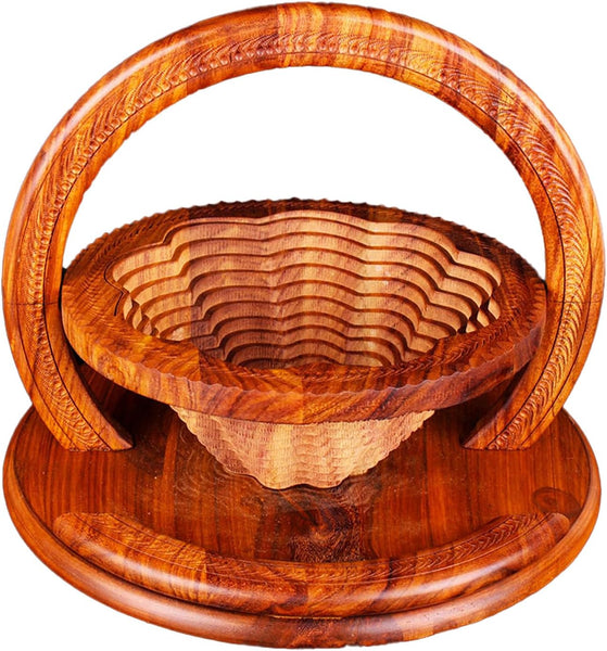 New Unique Handmade Wood Carving Fruit Plate/Bowl/Basket, Wooden Fruit Basket, Foldable Bamboo Dried Fruit Basket, (One Grid) Retails $72+
