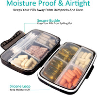 New Fullicon Travel Pill Box - Large Portable Medicine Organizer - 8 Compartments - Airtight and Moisture Proof - Black