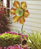 Beautiful Hand Crafted Fused Glass Weather Resistant Sunflower Solar Garden Stake! Center ball lights up at night, changing colours and is a wonderful center-piece for your landscape or garden during the day or night.