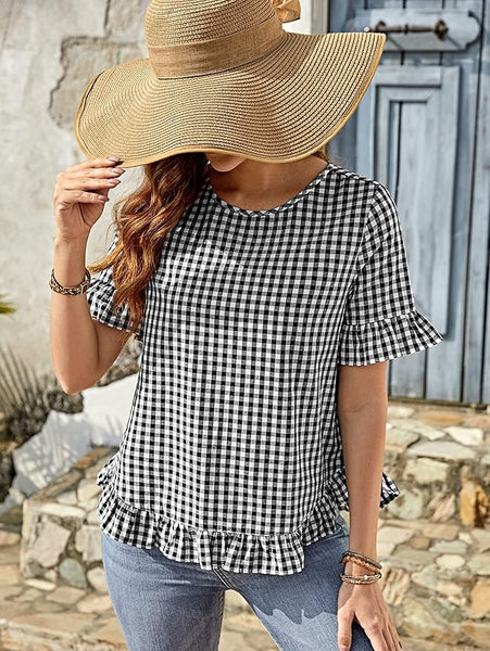 New Women's Shirts Women's Tops Shirts for Women Gingham Print Ruffle Trim Blouse (Color : Black and White, Size 2X