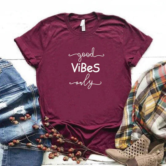 NEW Printed T-Shirt Type Shirt Good Vibes Only Cursive, Burgundy, Sz L