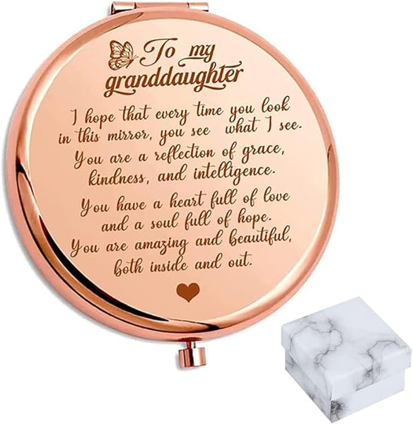 New to My Granddaughter - You're Amazing and Beautiful - Pocket Mirror, Stainless Steel Compact Pocket Mirror, Folding Pocket Mirror Encouragement Gifts from Grandparents (Rose Gold)