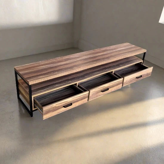 New Assembled Gravitti Wood & metal 3 Drawer Tv Stand 70X15x16 Rustic Wood