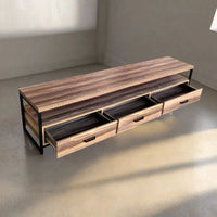 New Assembled Gravitti Wood & metal 3 Drawer Tv Stand/ Media Console 70X15x16 Rustic Wood Retails $210+