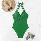 New Women One Piece Swimsuit with Half Transparent Chiffon Embroidery Middle Bikini, Green Size XL!
